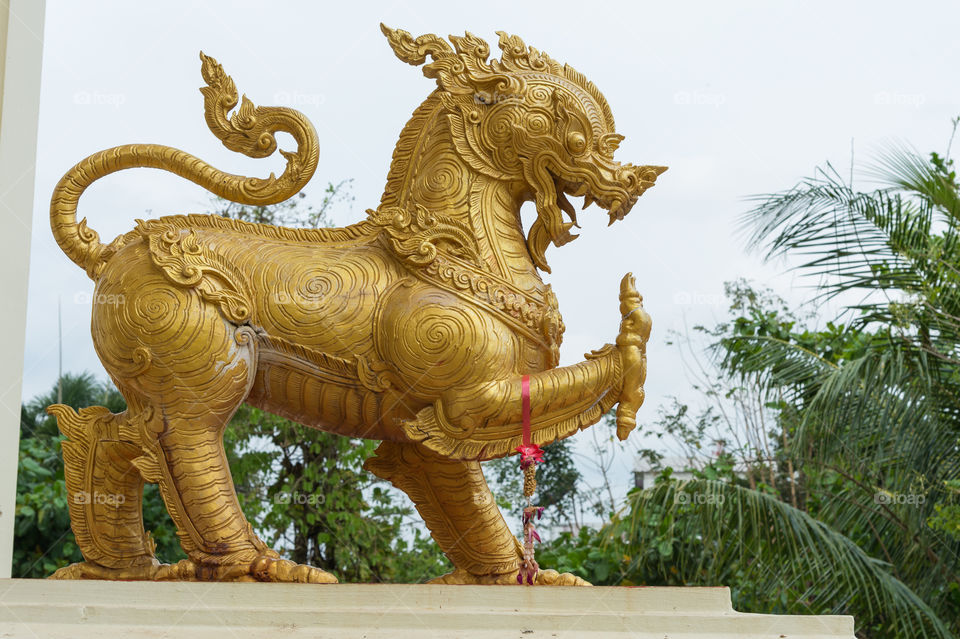 Gold Singha statue or gold lion statue