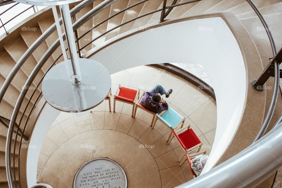 Looking down the spiral staircase at De La Warr Pavilion, Bexhill, UK.