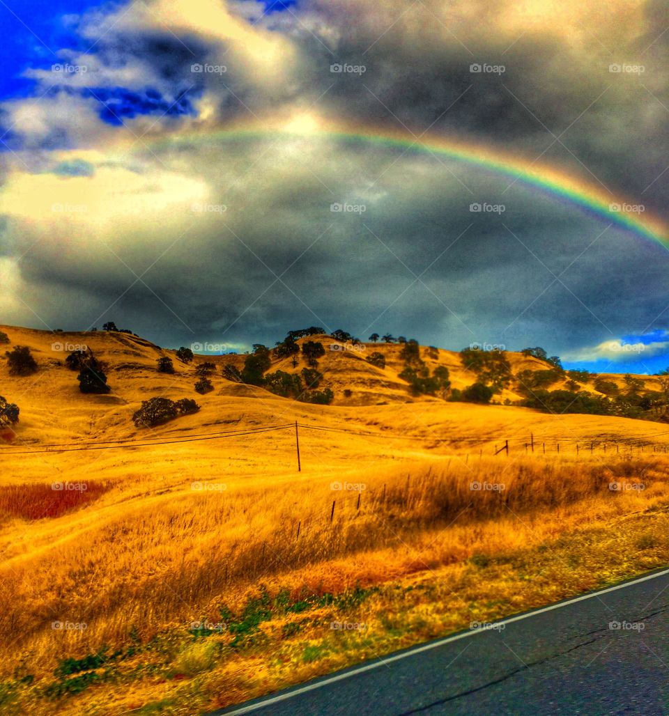 Rainbow over golden hills