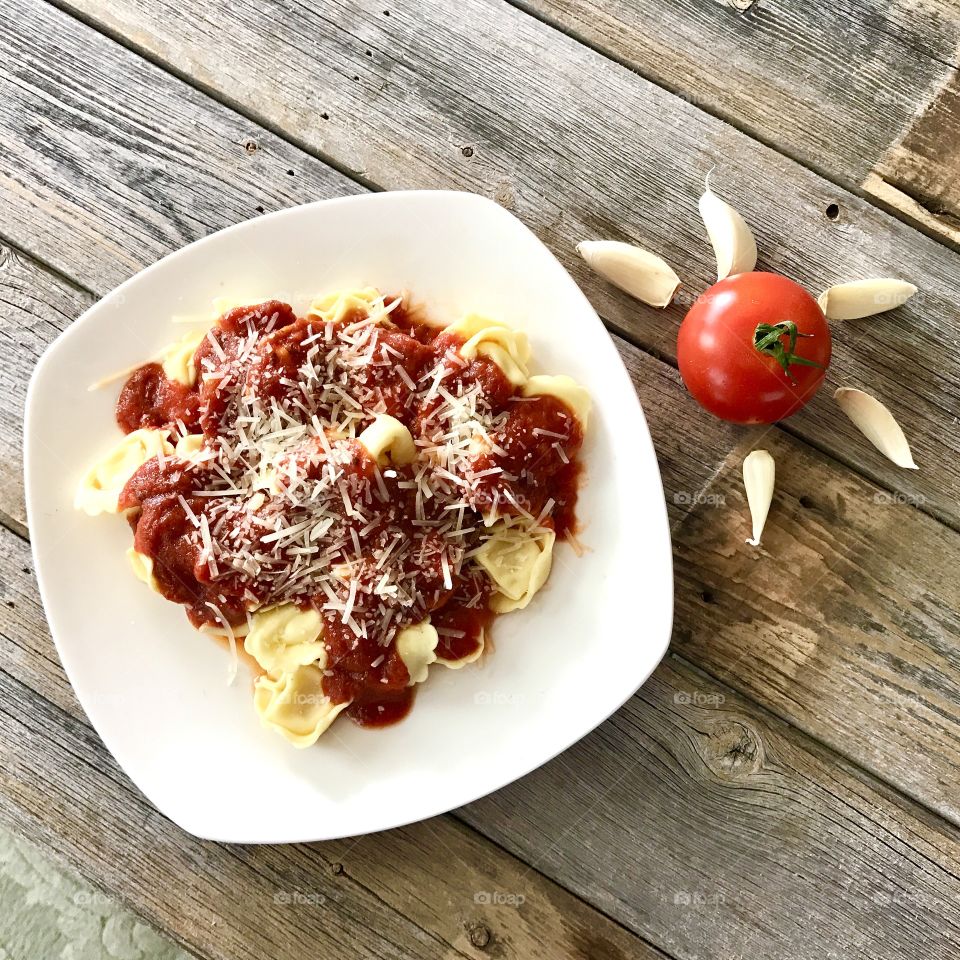 High angle view of pasta with tomato sauce