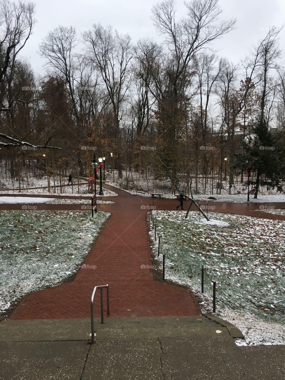 Indiana University college campus, decorated for the holidays, on a beautiful snowy day during winter