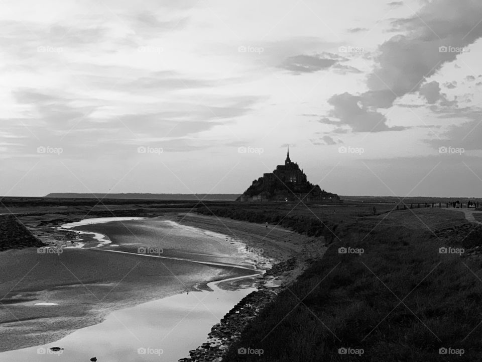 Mont Saint Michel France in black and white.