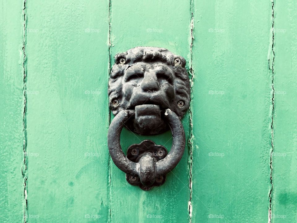 Lion head door knocker on a green wooden door