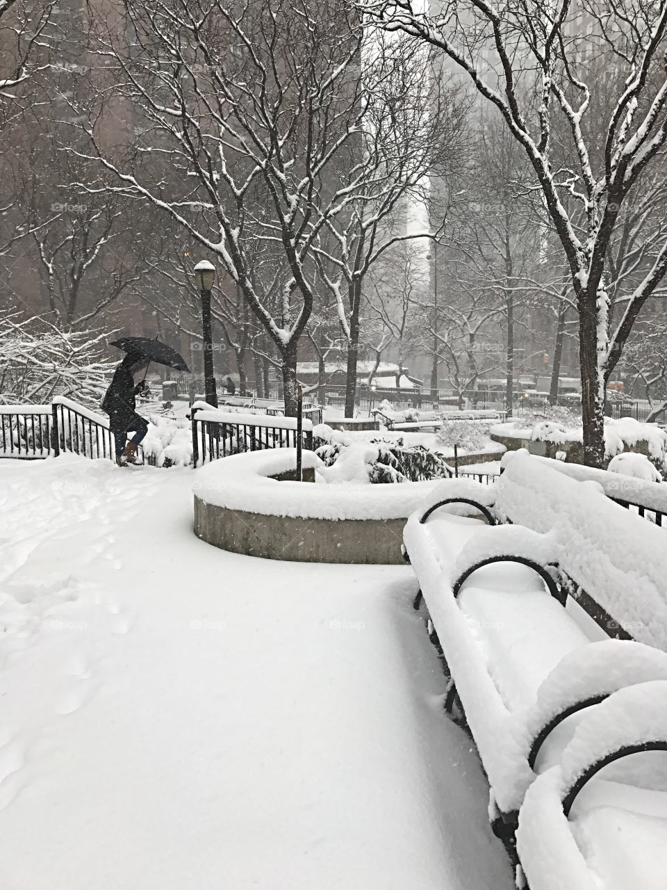 A person with an umbrella walking down steps in a city park during a snow storm