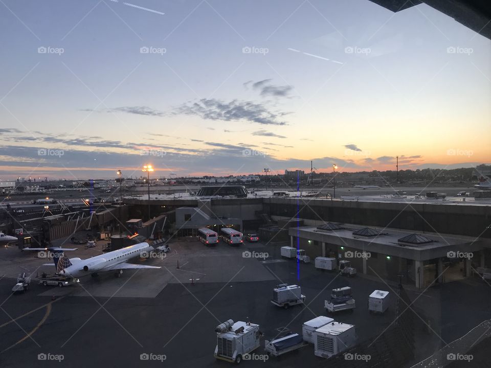 Newark International Airport at dusk.
