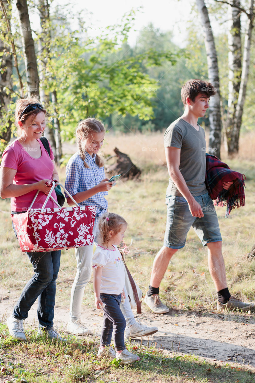 Family walking on picnic in forest