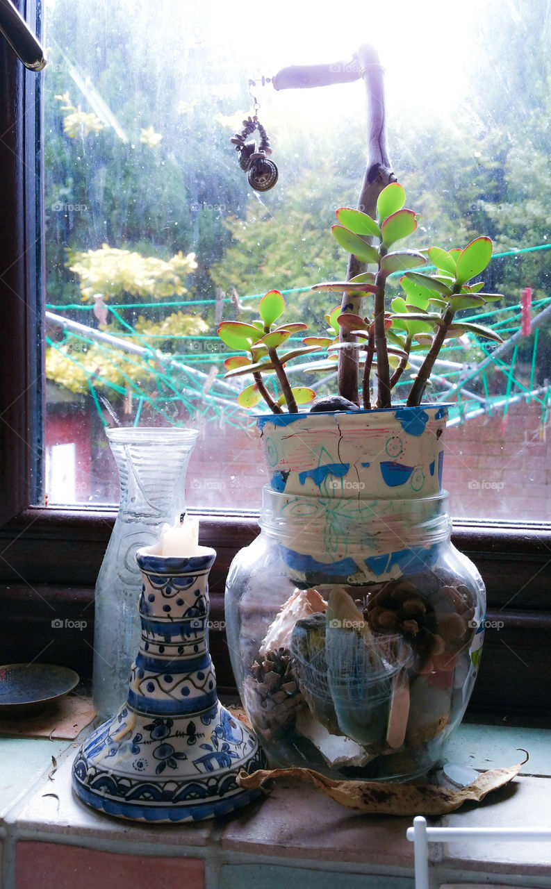 Hippie flowerpot, handpainted vase and a folk art candle