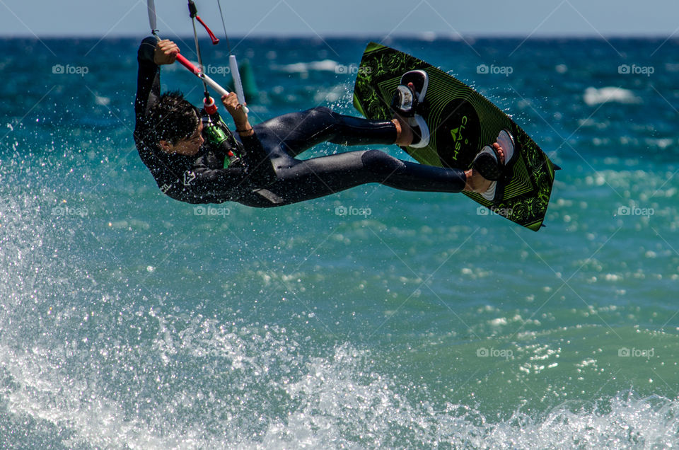 kitesurfer in Marbella . kitesurfers showing of on the beach in Marbella 