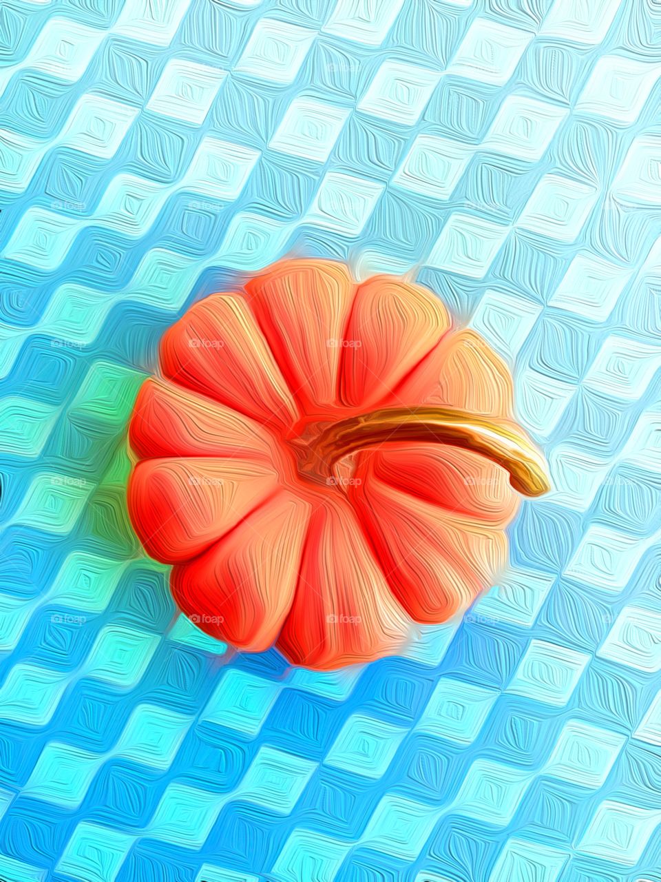 A cute little pumpkin against a checkered  blue background .