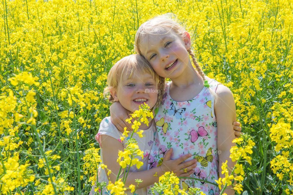 Two young sisters is hugging in a Raps field outside Malmö Sweden.