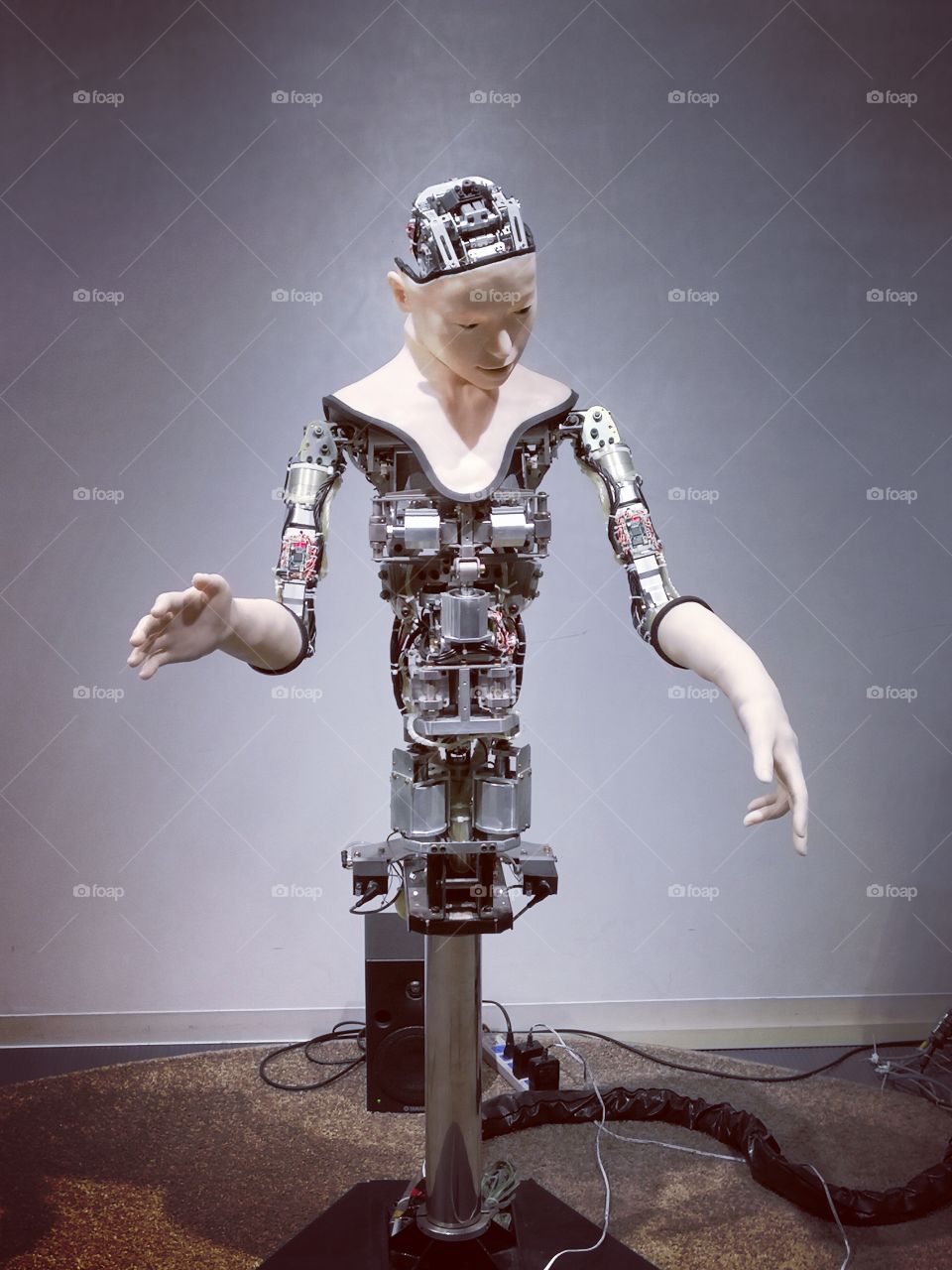 This is Alter. She has a human-like face and hands covered in silicone skin, but the rest of the robot consists of exposed electronics. We met her at the Museum of  Emerging Science and Innovation, in Tokyo.