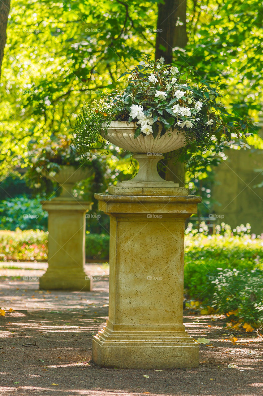 Small architecture forms, flowers, park, green garden