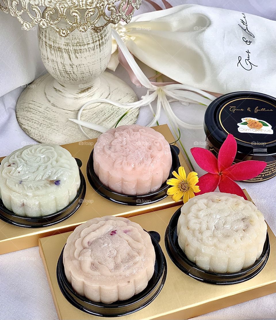 Homemade Snowskin mooncake infused with florals, for Mid Autumn festival. Comes in cherry blossom, rose, osmanthus & lavender flavours.
