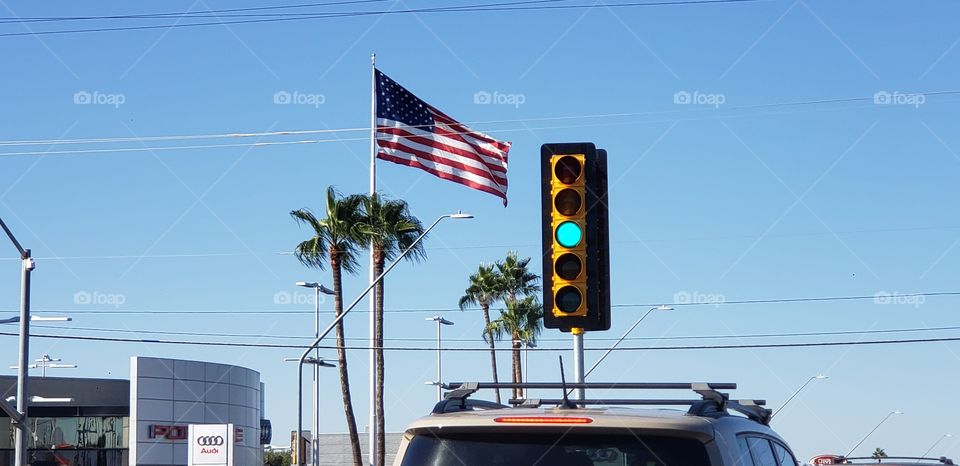 the flag blowing in the wind with palm trees and a green light for go....