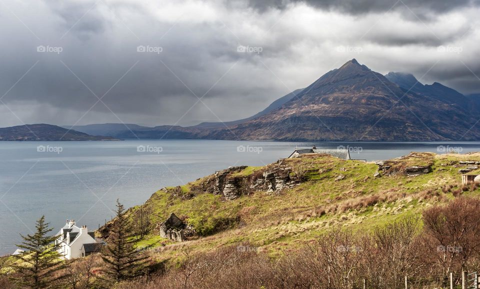 A view of the Cuillin Mountains from across Loch Scavaig at Elgol, Isle of Skye.