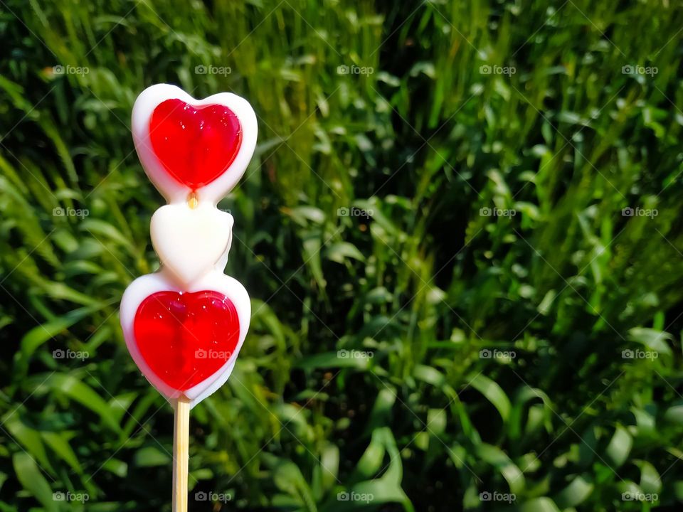 A lollipop candy on blur green background. Concept for Valentines Day