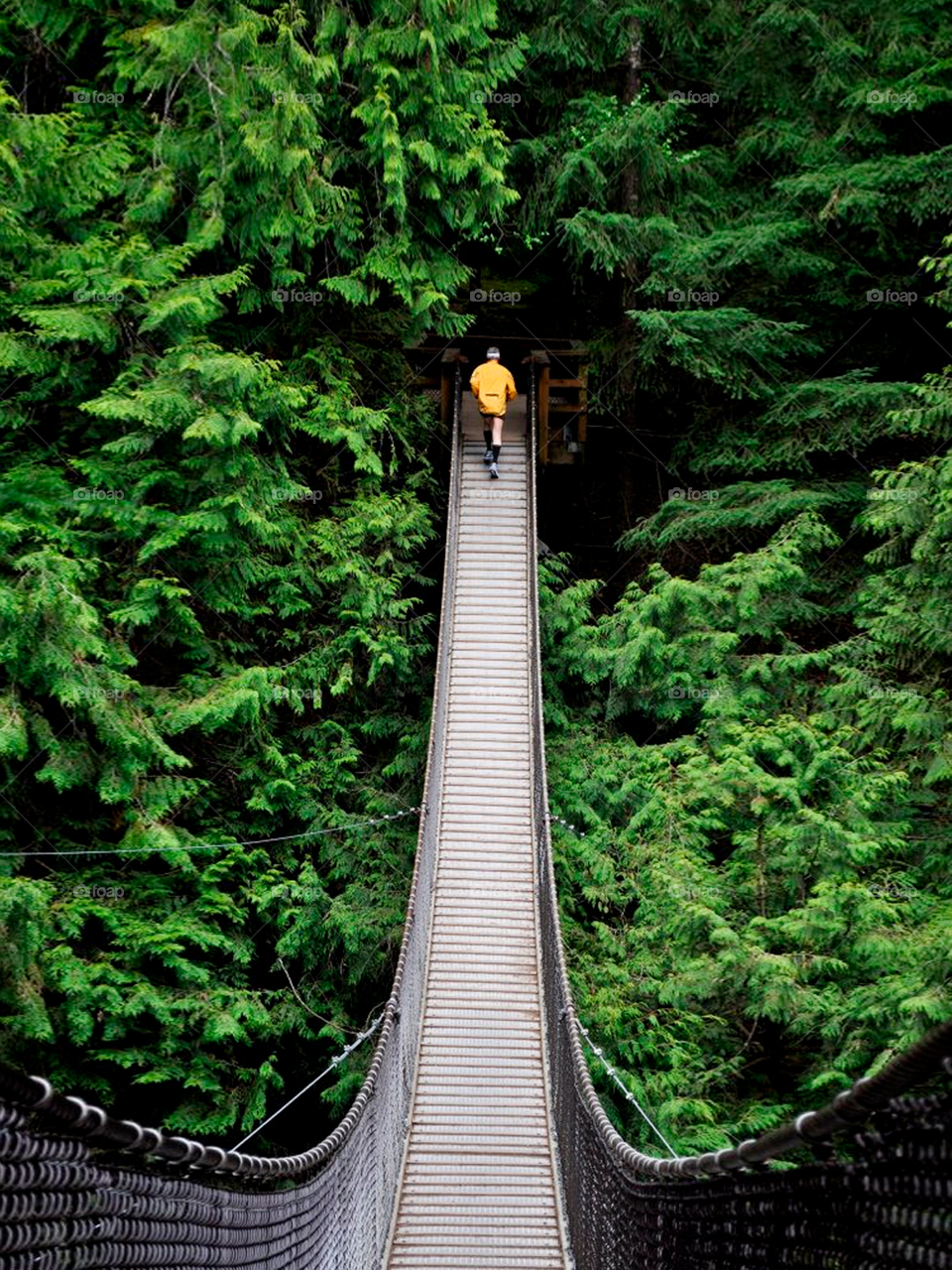 Man in suspension bridge surrounded by trees