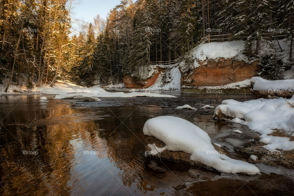 Winter landscape. Nature. Winter river. Snow.