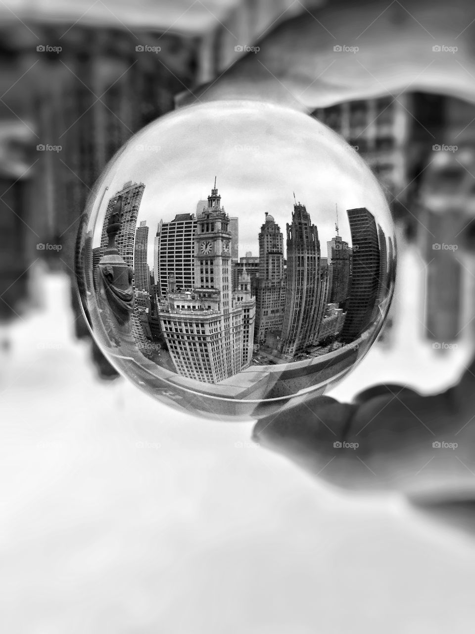 Reflection of the City of Chicago in a crystal ball black and white