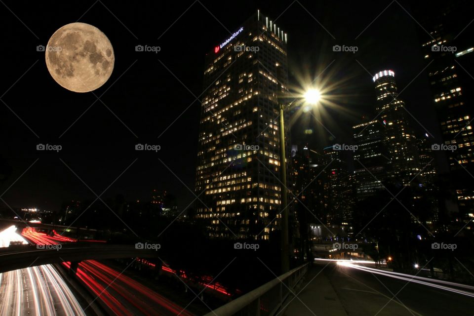 downtown Los Angeles and the super moon