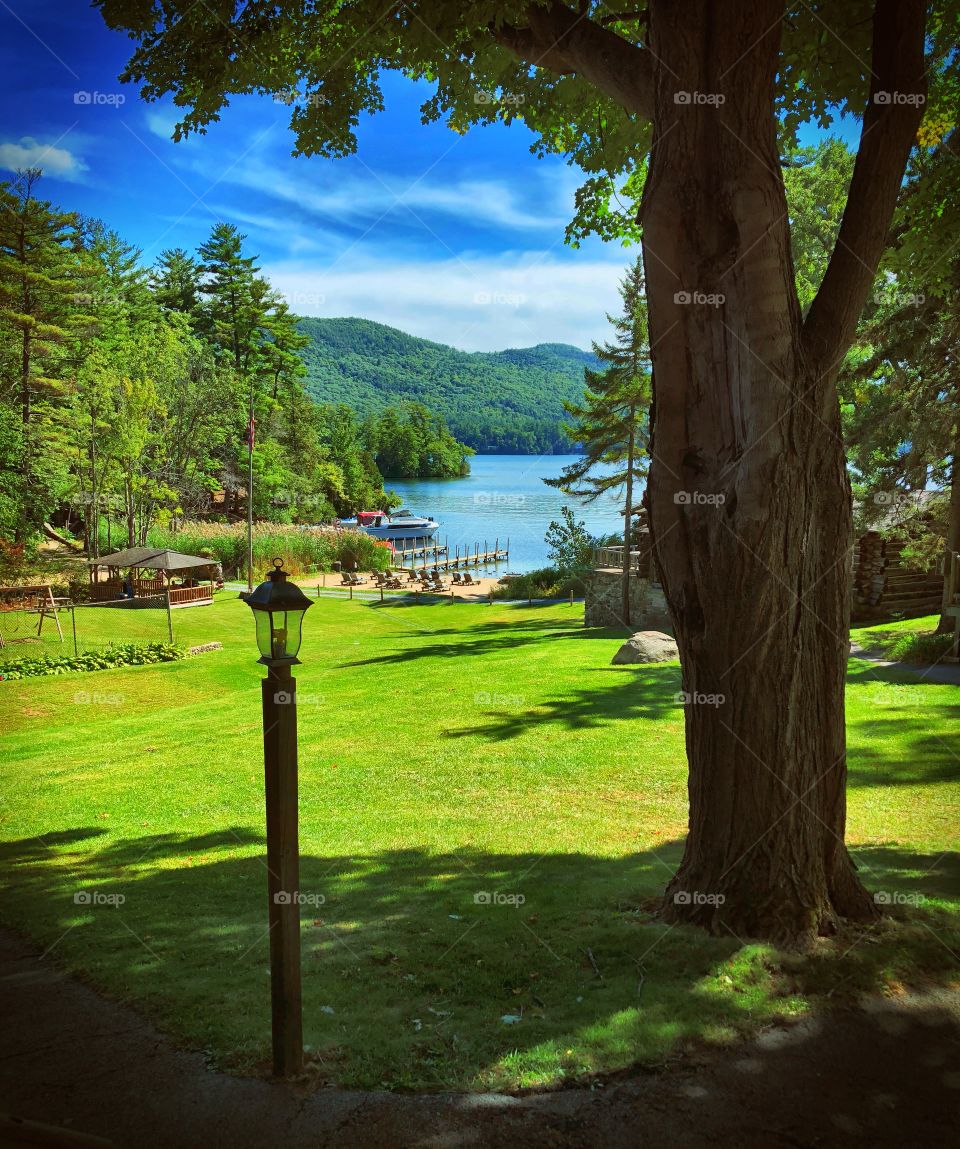 Lake George resort. Beautiful Adirondacks in the distance