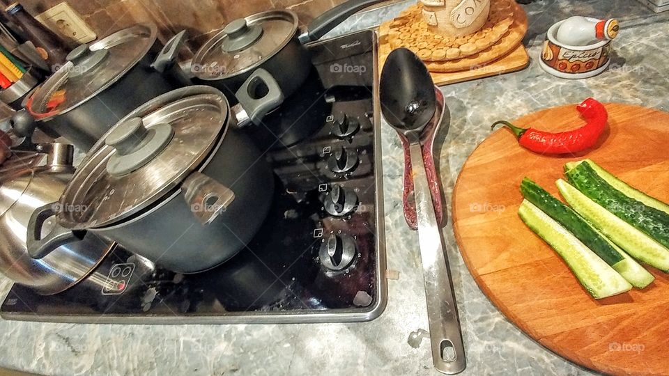 Cooking lunch. 