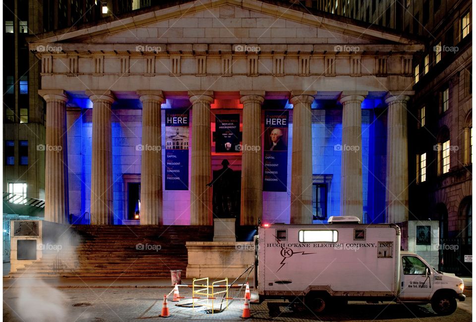 The Federal Hall at Night on Wall Street in New York City.