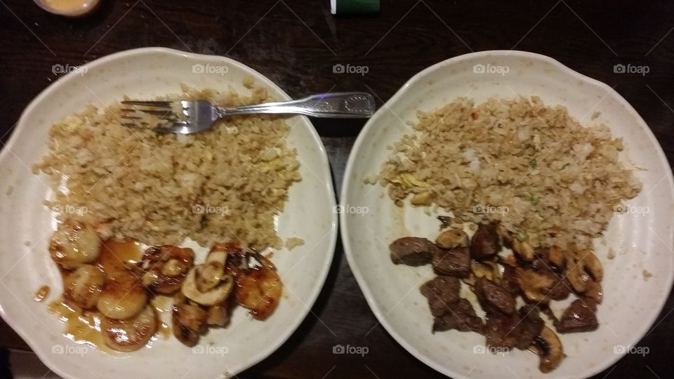 scallops and steak lunch with rice