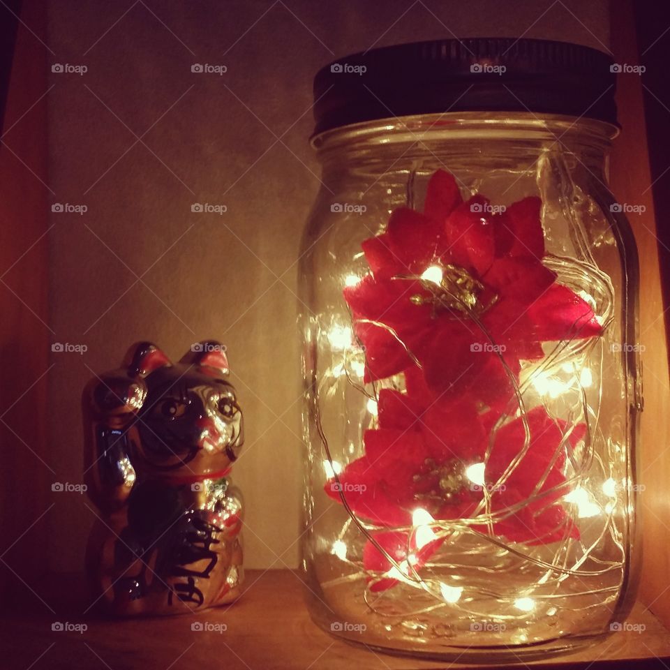 Red flowers and lights in a bottle makes a great decoration!