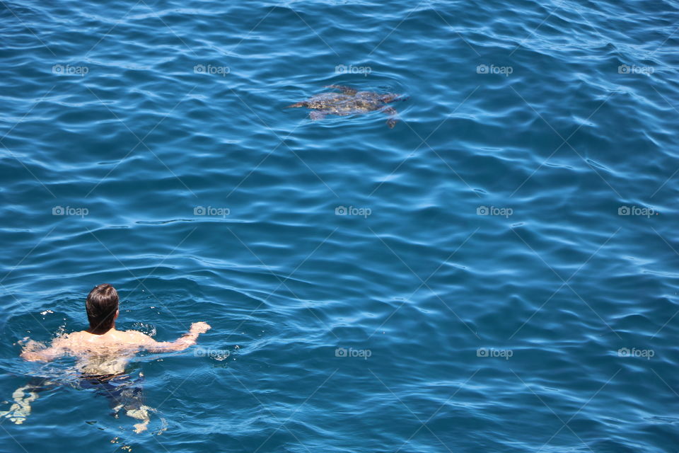 Young man and a sea turtle in the blue warm ocean .. adventure, summer , vacation...