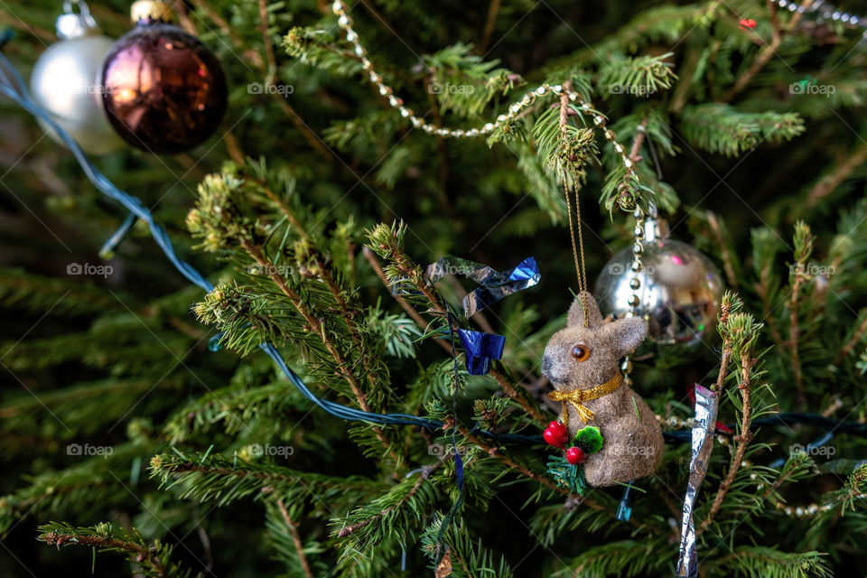 Various colorful Christmas decorations hanged spruce branches