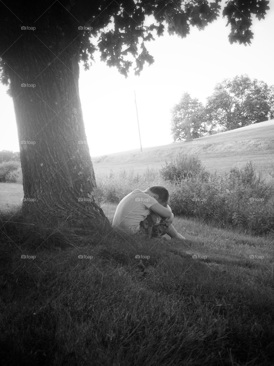 Small child sitting near tree trunk