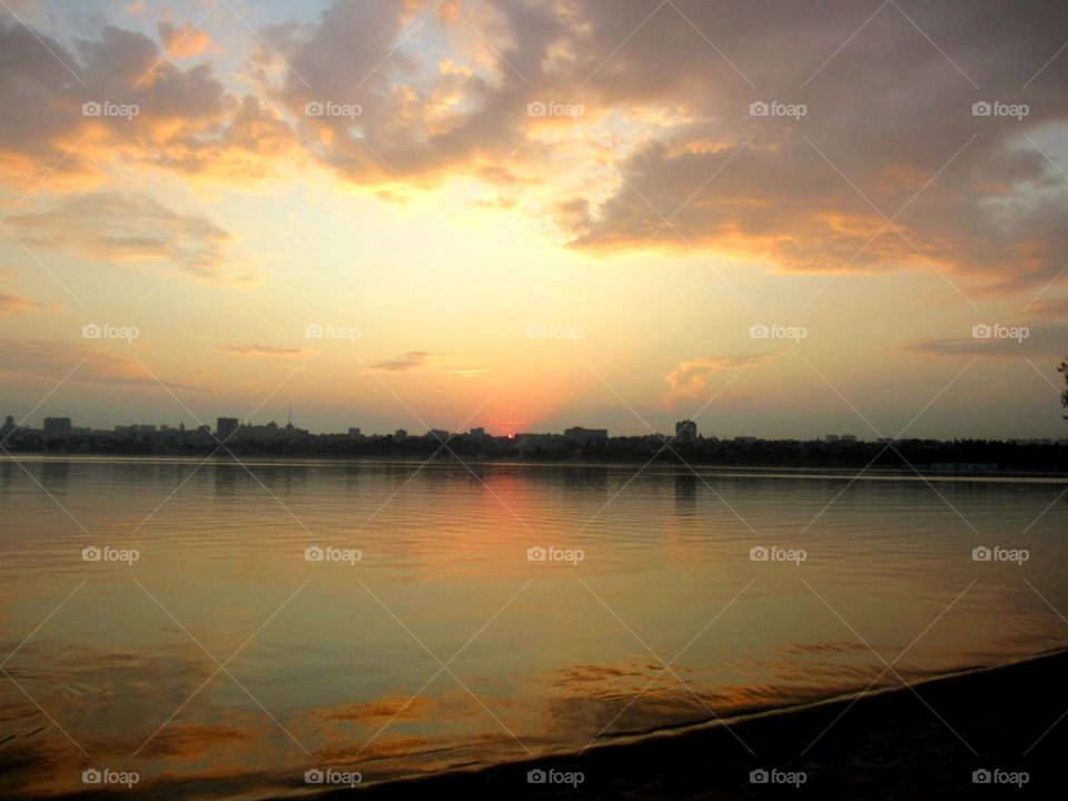 sunset over the city and the river in October, the city of Voronezh
