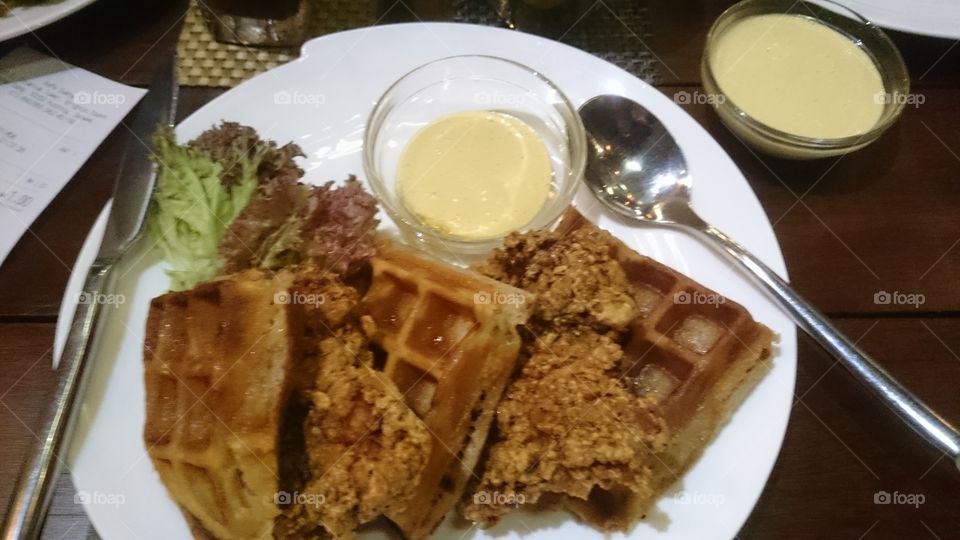 Sukha chicken and waffles. A surprisingly hearty meal of waffles with deep fried chicken served with awesome garlic sauce at Sukha