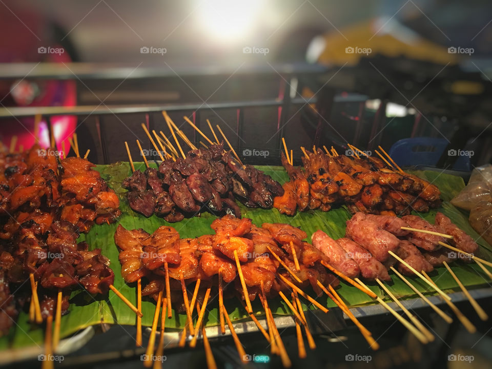 BBQ Chicken skewers - Thailand street food - Asia 