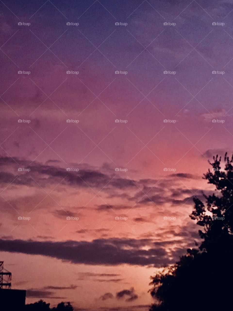 Weird pink morning giving way to low clouds now with many different colours. 