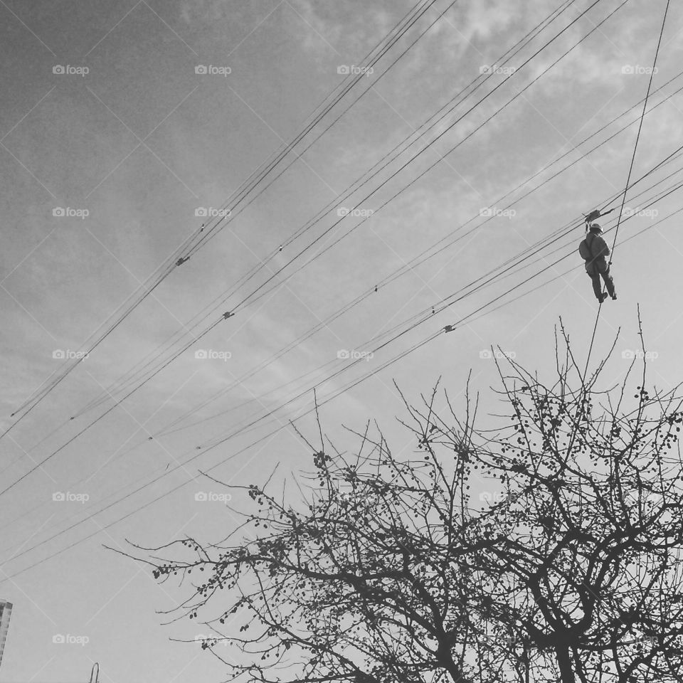 Sky, Silhouette, Wire, People, High