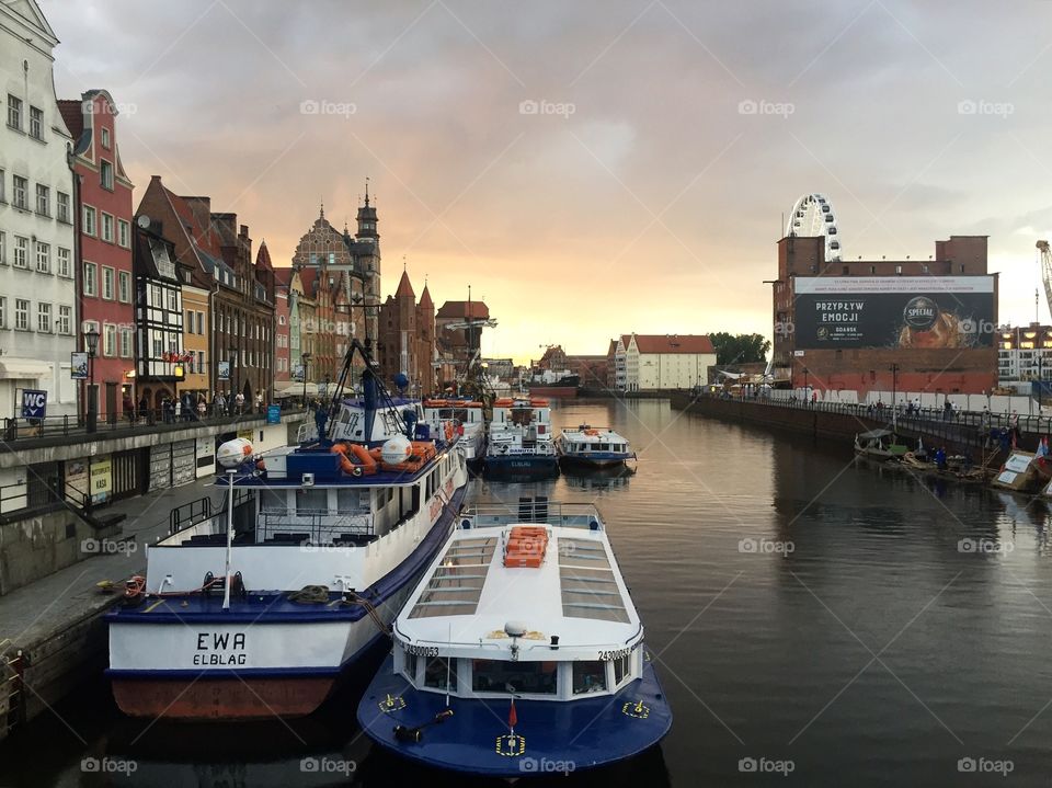 Sunset over river canal in Gdansk