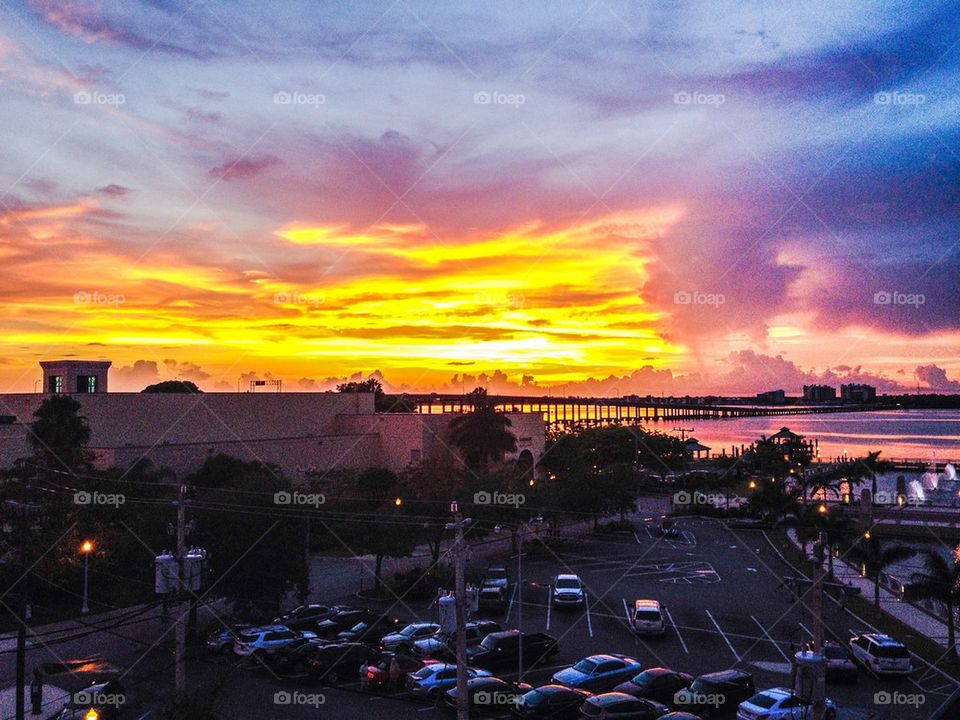 Fort Myers bridge and golden sky