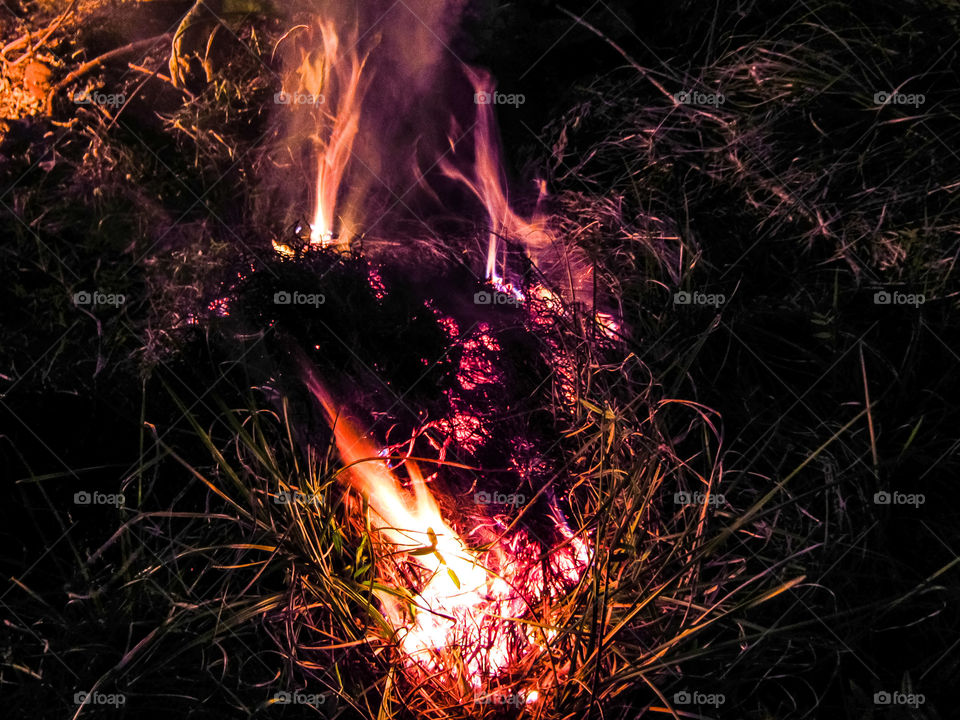 flames in grass at night outdoors