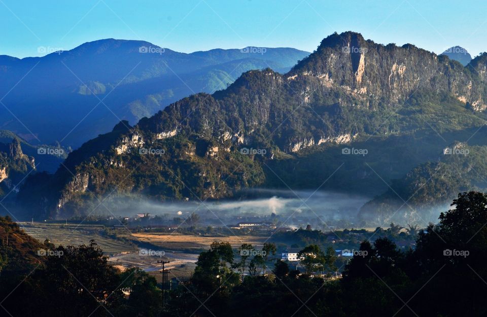 Mountain town in Xaysomboun Province of Laos in the morning mist
