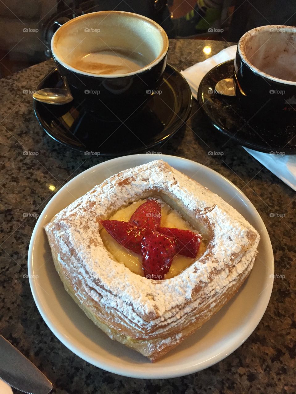 The French bakery, strawberry danish, yummy pastry, and coffee