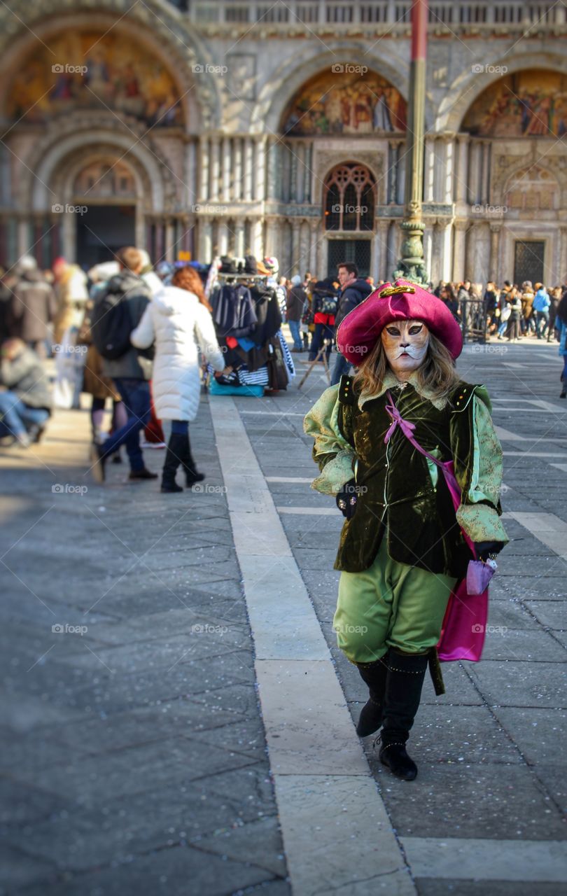 Man dressed in disguise as a cat during Carnevale, Venice