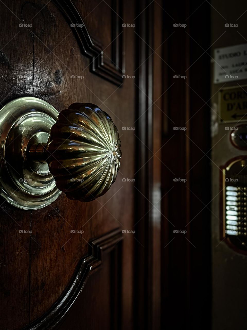 An old unique vintage metal door handle, building entrance in Italy