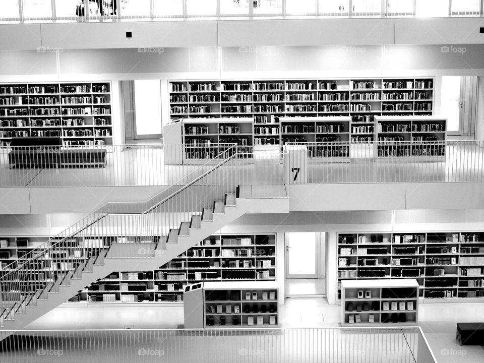 b/w library with books from inside