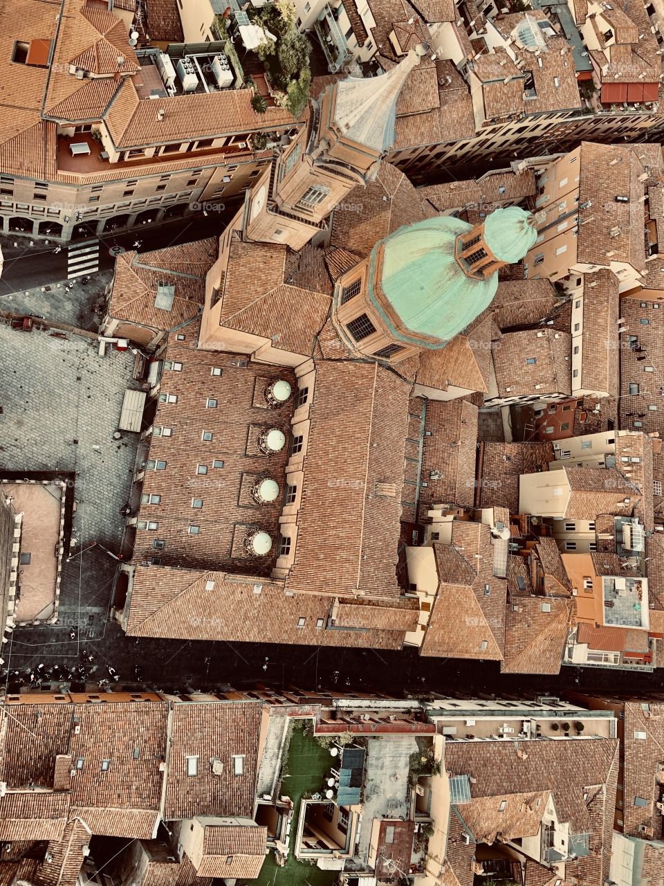 Bologna Italian city from above . Church and roofs 