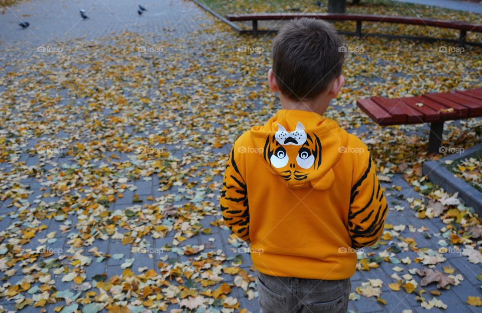 child in autumn fall on a street