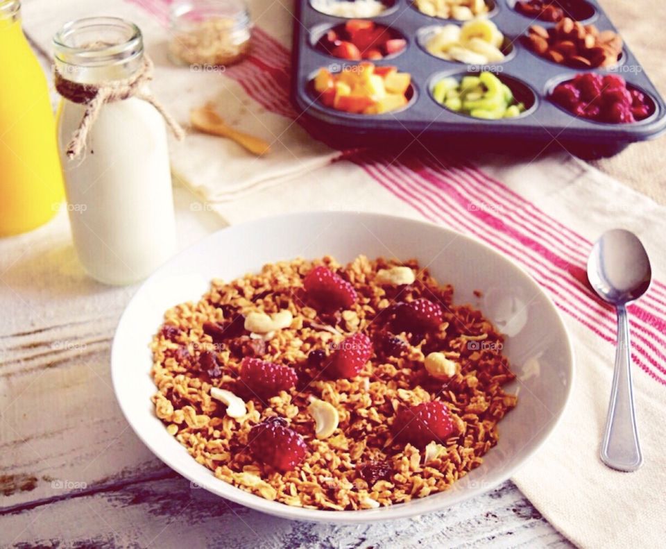 Healthy breakfast with selection of fruits 