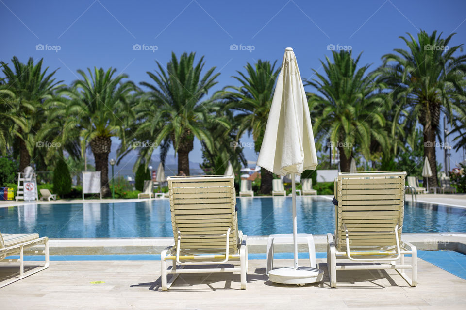 Two sunbeds are standing near the pool surrounded with the palm trees. Vacation at the tropical resort