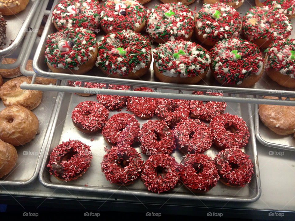 Doughnuts decorated for Christmas